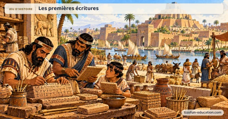 Jeu d’histoire « Les premières écritures » : des scribes de Mésopotamie gravent l’écriture cunéiforme sur des tablettes d’argile et l’enseignent à un enfant, devant une ville et sa ziggourat.