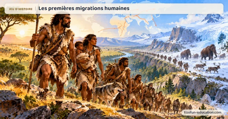 Jeu d’histoire « Les premières migrations humaines » : un groupe d’humains quitte la savane pour des terres enneigées peuplées de mammouths ; une carte montre leurs routes depuis l’Afrique.