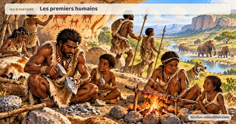 Jeu d’histoire « Les premiers humains » : une famille de chasseurs-cueilleurs taille des pierres et fait cuire de la viande sous un abri orné de peintures, face à une vallée.