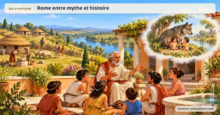 Jeu d’histoire « Rome entre mythe et histoire » : un conteur raconte à des enfants la légende de Romulus et Rémus, nourris par la louve dans une bulle de rêve ; au loin, le village de cabanes des débuts de Rome, au bord du Tibre.