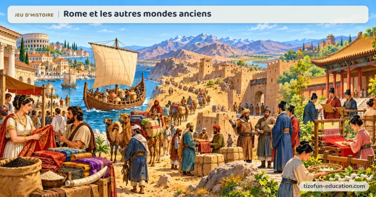 Jeu d’histoire « Rome et les autres mondes anciens » : de Rome à la Chine des Han : une Romaine choisit de la soie près d’un navire en route vers l’Inde, une caravane de chameaux fait passer la soie de main en main, des envoyés chinois s’arrêtent chez les Parthes, et des fonctionnaires Han lisent des lamelles de bambou près d’un métier à tisser.