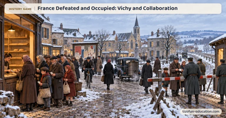History game “France Defeated and Occupied: Vichy and Collaboration”: A French village in winter under the Occupation: a line with ration tickets outside the bakery, a wood-gas car, and a guarded barrier that suggests the demarcation line.