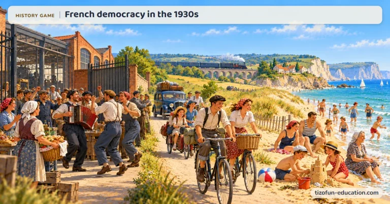 History game “French democracy in the 1930s”: In the summer of 1936, workers celebrate in front of their occupied factory, then head to the beach by bicycle and train for their first paid vacation.