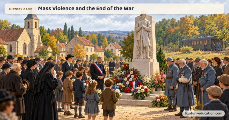 History game “Mass Violence and the End of the War”: In a French village, widows in black, children, and veterans pay their respects at the flower-covered war memorial, around the mayor wearing his tricolor sash.