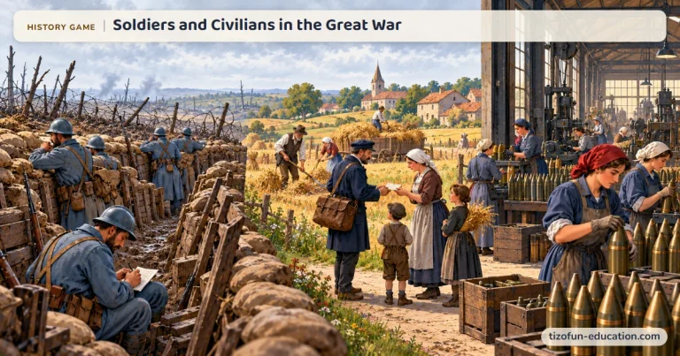 History game “Soldiers and Civilians in the Great War”: On one side, French soldiers in horizon-blue uniforms wait in a trench; on the other, women make shells in a factory and bring in the harvest, while a mail carrier delivers a letter.