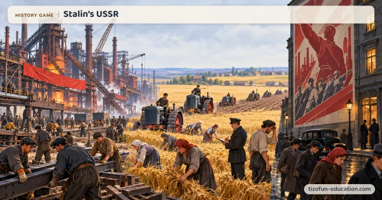 History game “Stalin’s USSR”: In the USSR, workers labor below huge factories, peasant women harvest a collective farm field crossed by tractors, and a large propaganda poster towers over the street.