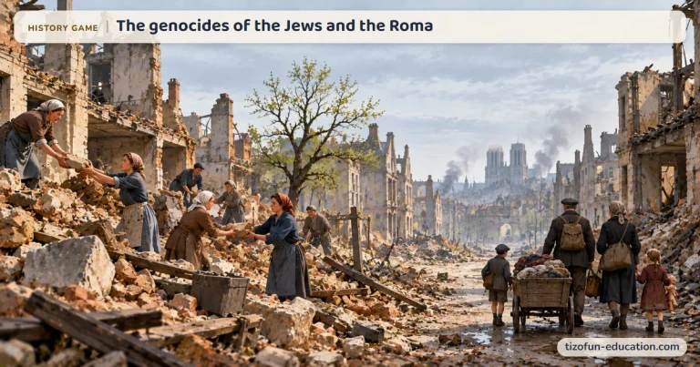 History game “The genocides of the Jews and the Roma”: A European city in ruins after the Second World War: women clear the rubble and families pass by with a cart.