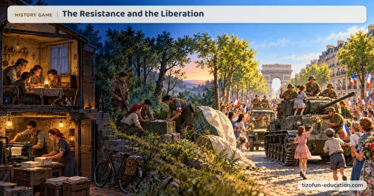 History game “The Resistance and the Liberation”: At night, a family secretly listens to the radio from London and Resistance members print leaflets; on Liberation day, the crowd waves small French flags around the tanks, near the Arc de Triomphe.