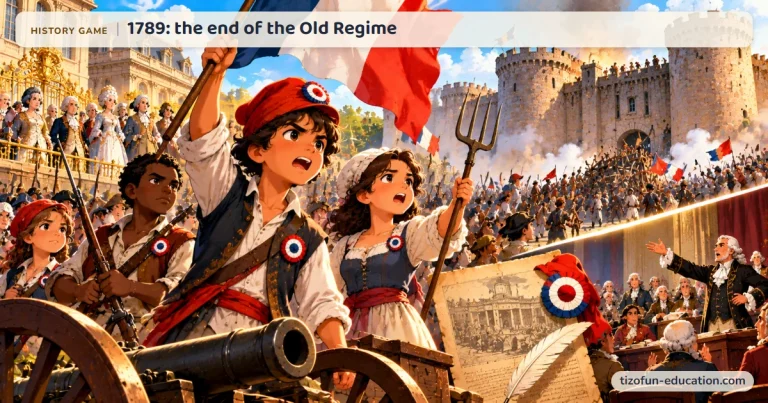 History game “1789: the end of the Old Regime”: Young revolutionaries wearing the cockade in front of the besieged Bastille; on the right, deputies debate in the Assembly.