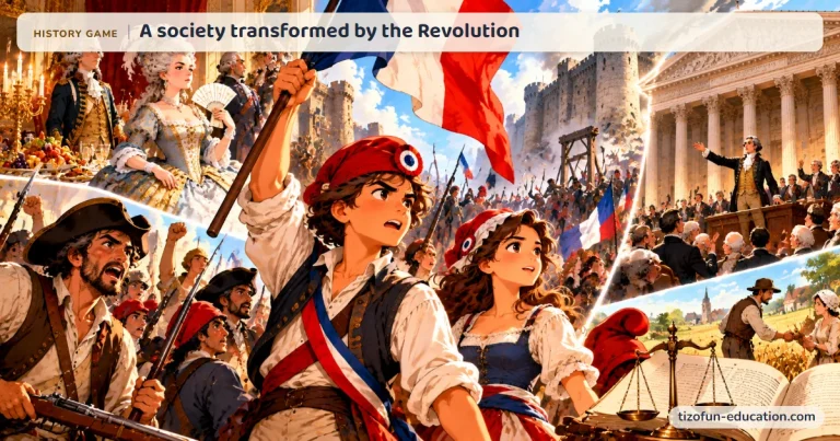 History game “A society transformed by the Revolution”: Revolutionaries wave the tricolor; around them, nobles, a speaker in the Assembly, the scales of justice and peasants.