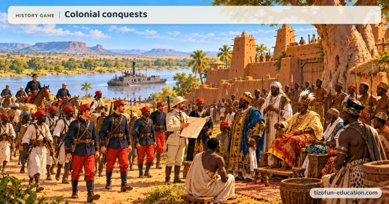 History game “Colonial conquests”: A column of French soldiers and African riflemen, led by an explorer, reaches a fortified West African town where African chiefs are waiting.