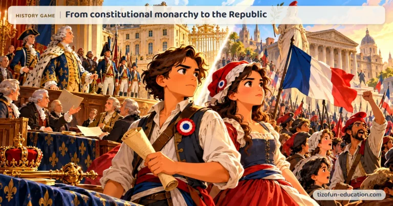 History game “From constitutional monarchy to the Republic”: On the left, the king and the deputies; in the center, two young revolutionaries; on the right, a crowd under the tricolor and a statue of the Republic.