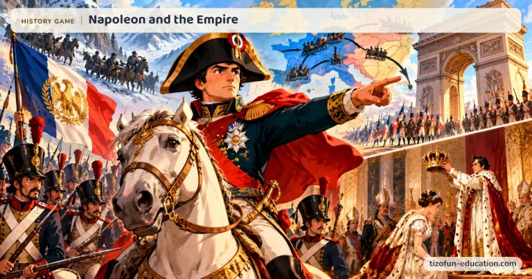 History game “Napoleon and the Empire”: Napoleon on horseback in front of his soldiers and a map of his conquests; on the right, the Arc de Triomphe and Josephine’s coronation.