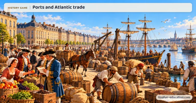 History game “Ports and Atlantic trade”: On the quays of Bordeaux, porters roll barrels and load sacks of sugar in front of large merchant sailing ships and classical facades.