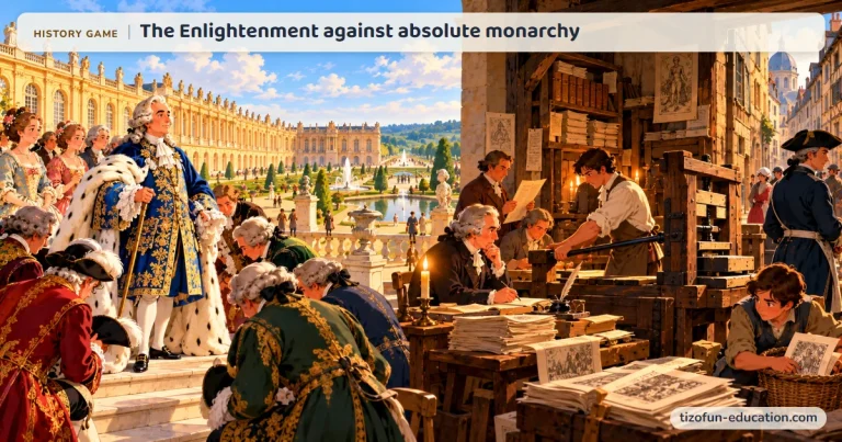 History game “The Enlightenment against absolute monarchy”: On the left, Louis XV stands before Versailles among his courtiers; on the right, in a secret workshop, people print and write books by candlelight.