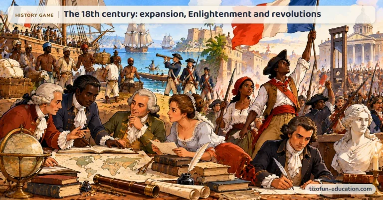 History game “The 18th century: expansion, Enlightenment and revolutions”: Philosophers study maps and books; behind them, a slave-trade port, sailors and a revolutionary crowd under the French tricolor.