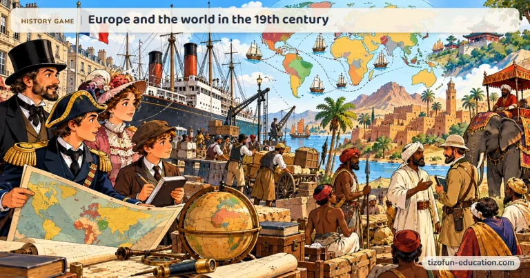 History game “Europe and the world in the 19th century”: A European port with a steamship and a world map; on the right, a colonial officer faces people from Africa and Asia.