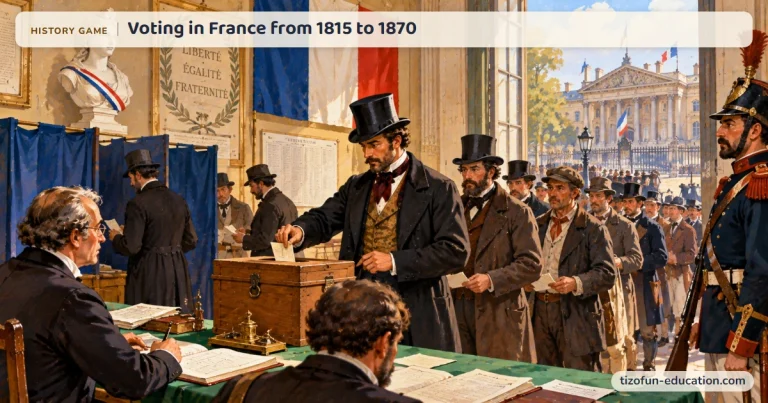 History game “Voting in France from 1815 to 1870”: Men line up to drop their ballots into the box at a polling station, under a bust of Marianne.