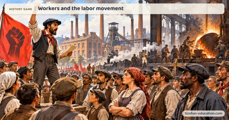 History game “Workers and the labor movement”: A speaker addresses a crowd of men and women workers in front of a mine, factories and a steelworks.