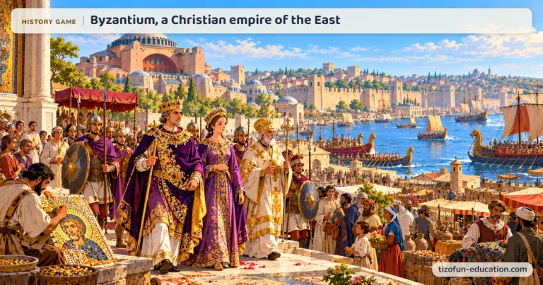 History game “Byzantium, a Christian empire of the East”: In front of Hagia Sophia and the harbor of Constantinople, the emperor and empress in purple walk with the patriarch while a craftsman lays a mosaic.