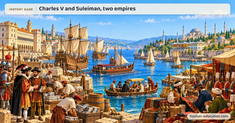 History game “Charles V and Suleiman, two empires”: In a Mediterranean port, merchants from Charles V’s empire and Suleiman’s Ottoman Empire trade silver, spices, and carpets, among galleys, caravels, and mosques with minarets.