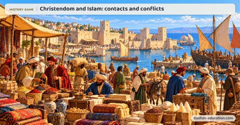 History game “Christendom and Islam: contacts and conflicts”: In the port of Acre, Venetian and Arab merchants trade spices, silk, sugar loaves, and paper in front of the harbor walls and galleys.