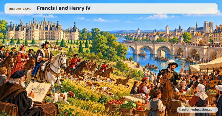 History game “Francis I and Henry IV”: Francis I hunts on horseback in front of the Château de Chambord, while in Paris, near the Pont Neuf, Henry IV greets the crowd at a busy market.