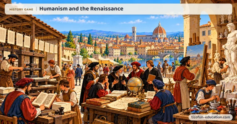 History game “Humanism and the Renaissance”: In Florence, printers work a screw press, humanists talk around a globe and books, and a painter works at his canvas, below the dome of the cathedral.