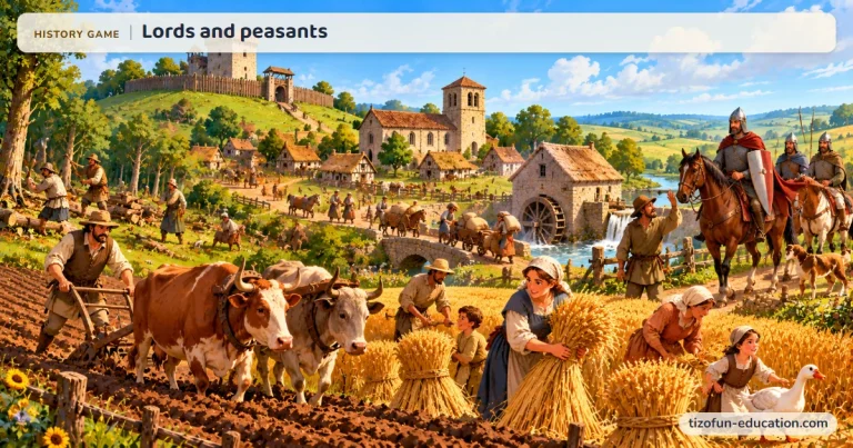 History game “Lords and peasants”: A stone castle overlooks a village where peasants plow, harvest, and carry their grain to the lord’s mill.