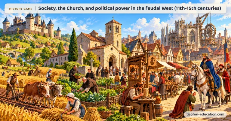 History game “Society, the Church, and political power in the feudal West (11th-15th centuries)”: A medieval landscape brings together a castle, peasants in the fields, a Romanesque church, a town where a Gothic cathedral is being built, and a king’s procession.