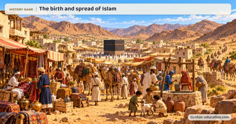History game “The birth and spread of Islam”: A camel caravan arrives at the market of Mecca, a small town surrounded by hills, with the Kaaba in the distance and a well in the foreground.