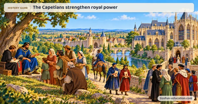 History game “The Capetians strengthen royal power”: Under an oak tree, King Louis IX listens to peasants and townspeople who have come to ask for justice, as Joinville tells it; behind them stand a walled town and a Gothic palace by the river.