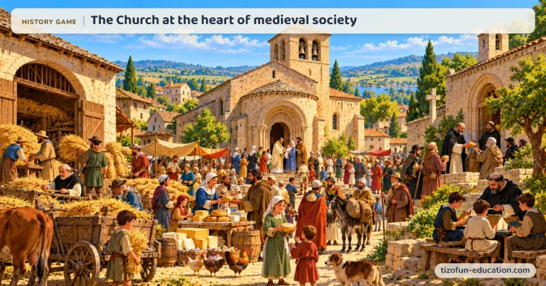 History game “The Church at the heart of medieval society”: In front of a Romanesque church, a family brings a baby to be baptized; peasants bring the tithe and monks give bread to the poor.