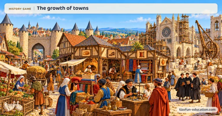 History game “The growth of towns”: In the square of a walled medieval town, craftsmen and merchants run their shops with painted signs at the foot of a Gothic cathedral under construction, with its treadwheel crane.