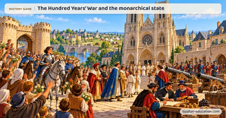 History game “The Hundred Years’ War and the monarchical state”: Joan of Arc, in armor, rides up to the cathedral where King Charles VII has just been crowned, among the crowd, cannons, and officials keeping the kingdom’s records.