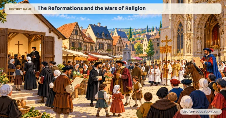 History game “The Reformations and the Wars of Religion”: In the square of a 16th-century town, Protestants leave a plain church and Catholics walk in procession before a richly decorated church, while a herald on horseback reads out a peace edict.