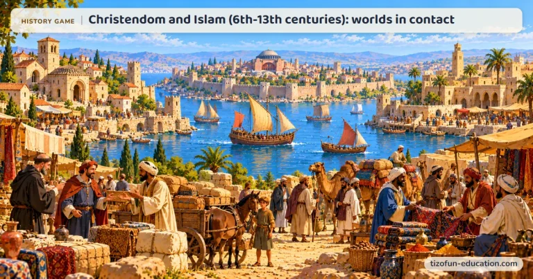 History game “Christendom and Islam (6th-13th centuries): worlds in contact”: Around the Mediterranean, a Western Christian town, Constantinople with its great dome, and a city of the Muslim world are linked by merchant ships.