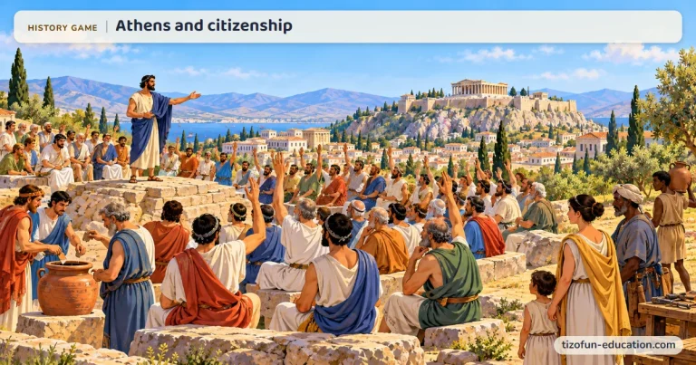 History game “Athens and citizenship”: Below the Acropolis and the Parthenon, a speaker addresses the Athenian citizens gathered in the assembly, who vote by raising their hands; a woman and a girl watch from the side.
