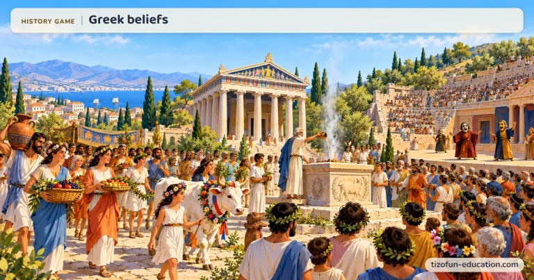 History game “Greek beliefs”: A procession crowned with flowers leads a heifer toward the smoking altar of a Greek temple, while masked actors perform in the nearby theater.