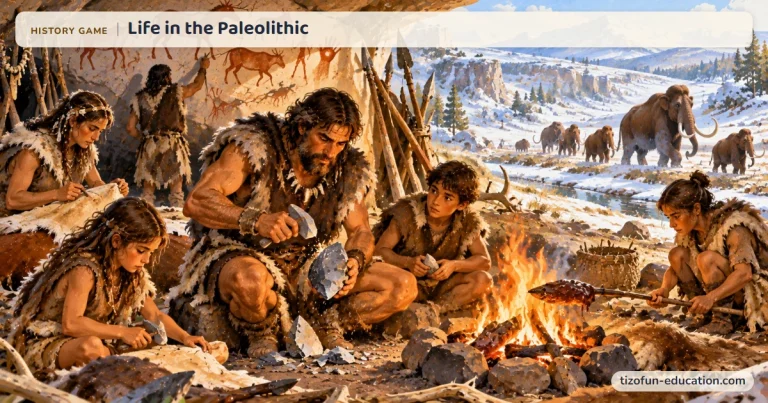 History game “Life in the Paleolithic”: Under a shelter painted with animals, a family knaps flint and cooks meat over a fire; mammoths walk through the snow.