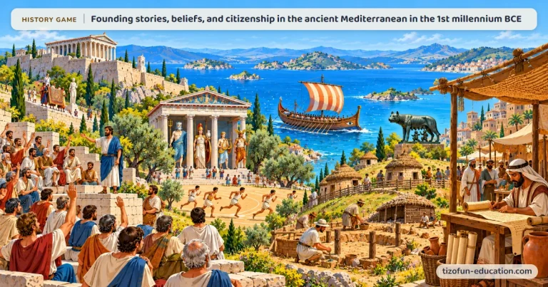 History game “Founding stories, beliefs, and citizenship in the ancient Mediterranean in the 1st millennium BCE”: Around the ancient Mediterranean: Athenian citizens vote by a show of hands below the Acropolis, Greek gods recognizable by their attributes adorn a temple near a footrace, a Greek ship sails toward Italy, the she-wolf nurses the twins near huts that archaeologists are excavating, and a Hebrew scribe copies a scroll.