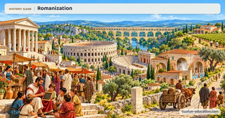 History game “Romanization”: In a Roman town in Gaul, a teacher shows a tablet to children near the forum and its temple, where Gauls in checked cloaks and Romans in togas mingle; in the distance, an oval amphitheater, a semicircular theater, an arched aqueduct, and public baths.