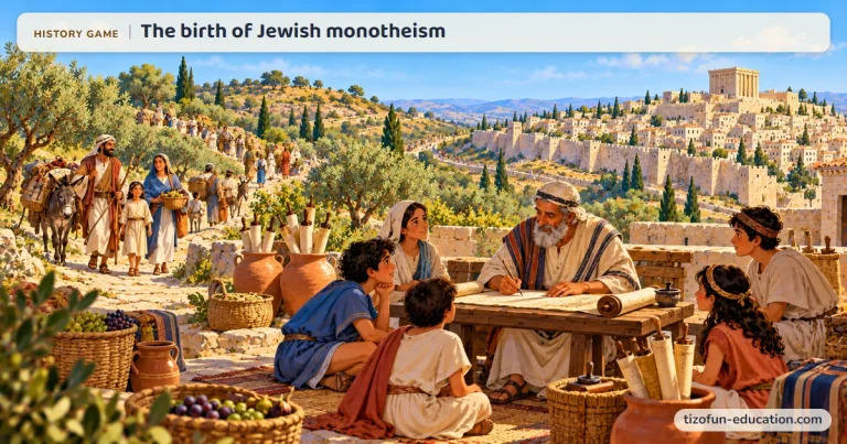 History game “The birth of Jewish monotheism”: On a hill of olive trees, a scribe copies a scroll in front of children, while families and their donkeys walk up toward a walled city.