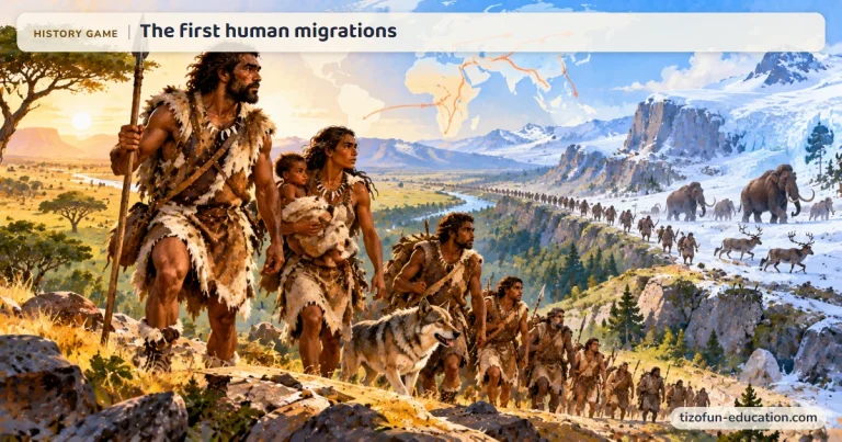 History game “The first human migrations”: A group of humans leaves the savanna for snowy lands with mammoths; a map shows their routes out of Africa.