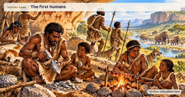 History game “The first humans”: A family of hunter-gatherers shapes stones and roasts meat under a painted rock shelter overlooking a valley.
