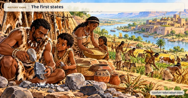 History game “The first states”: In front, a family works stone and grain; in the distance, a walled city rises beside a river full of boats.