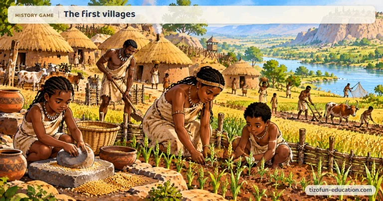 History game “The first villages”: A village of round thatched huts: people grind grain, plant crops, raise animals and fish in the river.