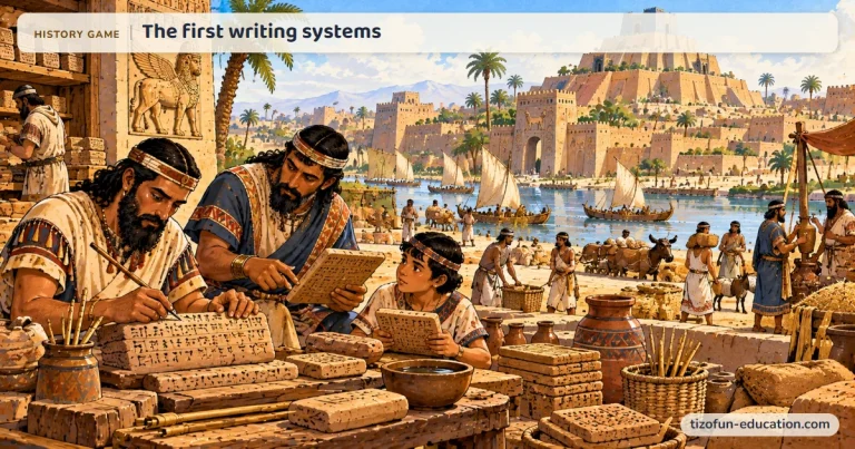 History game “The first writing systems”: Scribes in Mesopotamia press cuneiform writing into clay tablets and teach it to a child, in front of a city and its ziggurat.
