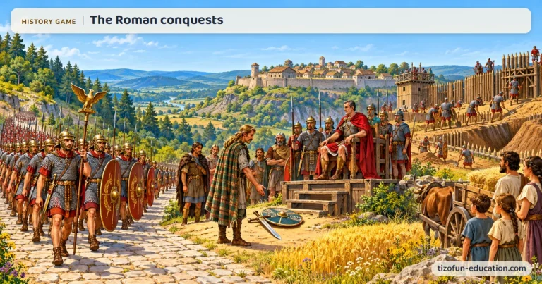 History game “The Roman conquests”: A column of legionaries in chain mail, behind the eagle standard, passes a Gallic hill fort where a Gallic chief lays down his weapons before the Roman general seated on a platform, while soldiers build a fortified camp, like Vercingetorix before Caesar at Alesia.