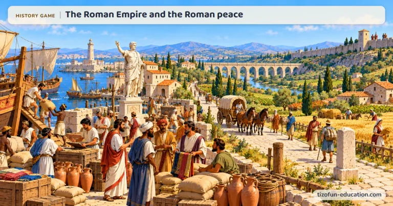 History game “The Roman Empire and the Roman peace”: In a port of the Roman Empire, dockworkers unload sacks of wheat and merchants from all over the Empire trade cloth and amphorae, near a lighthouse, a statue of the emperor, and an aqueduct.